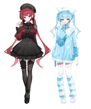 2girls akane_lize arahashi_tabi bandaid bandaid_on_face bandaid_on_leg black_shoes black_skirt black_thighhighs blonde_hair blue_eyes blue_hair closed_mouth finger_to_cheek full_body hand_up huhi_(huhi_1211) leg_warmers long_hair long_sleeves multicolored_hair multiple_girls parted_lips red_hair red_shirt shirt shoes simple_background skirt standing stellive streaked_hair striped_leg_warmers thighhighs twintails virtual_youtuber white_background white_shoes white_thighhighs