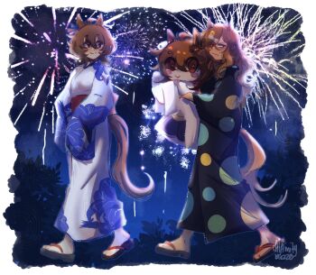 2girls absurdres aerial_fireworks agnes_tachyon_(tach-nology)_(umamusume) agnes_tachyon_(umamusume) ahoge animal_ears black_kimono blush breasts brown_hair calamity_brezze character_doll closed_mouth doll fireworks floral_print floral_print_kimono frown hair_between_eyes hair_ornament hairclip highres holding holding_doll horse_ears horse_girl horse_tail japanese_clothes jungle_pocket_(umamusume) kimono lab_coat long_hair long_sleeves medium_hair multiple_girls night night_sky notched_ear print_kimono red_eyes sandals sky sleeves_past_fingers sleeves_past_wrists smile tail umamusume white_kimono yellow_eyes yukata