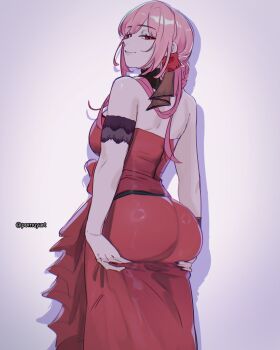 1girl armband ass ass_lift black_armband black_ribbon breasts closed_mouth cocktail_dress commentary dress english_commentary flower grabbing_own_ass hair_flower hair_ornament hair_ribbon highres hololive hololive_english lace large_breasts long_dress long_hair looking_at_viewer looking_back mori_calliope mori_calliope_(party_dress) official_alternate_costume official_alternate_hairstyle pink_hair pomuya red_dress red_eyes ribbon rose simple_background smile solo strapless strapless_dress white_background wristband