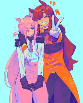 2girls absurdres aiguillette animal_ears arm_over_shoulder belt black_collar black_gloves black_pants black_shirt blue_background blue_eyes blush closed_mouth coat collar comely_material_morning feet_out_of_frame gloves hair_over_one_eye height_difference high-waist_pants high_collar highres horse_ears horse_girl horse_race_tests interlocked_fingers jess_(p2eocene) jovial_merryment long_hair long_sleeves looking_at_another looking_at_viewer looking_to_the_side military_uniform multiple_girls one_eye_closed orange_coat own_hands_together pants pink_hair pink_pants pink_ribbon purple_eyes red_hair ribbon shirt shoulder_pads shy simple_background smile standing stretching tailcoat teeth v white_gloves yellow_belt
