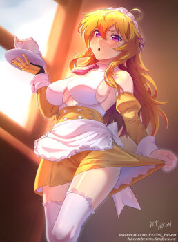 1girl alternate_costume apron artist_name blonde_hair breasts clothes_pull clothing_cutout detached_sleeves dress enmaided frilled_hairband frills hairband highres holding holding_saucer large_breasts long_hair looking_at_viewer maid mechanical_arms necktie prosthesis prosthetic_arm purple_eyes rwby saucer sideboob single_mechanical_arm skirt skirt_pull teapot thighhighs vilde_loh_hocen white_apron white_thighhighs yang_xiao_long yellow_dress