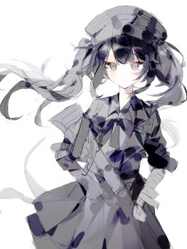 1girl absurdres bandaged_arm bandages black_hair black_hat black_ribbon chinese_commentary closed_mouth commentary_request cowboy_shot dress expressionless floating_hair grey_dress grey_eyes gun hat highres kurobe_nanoka long_hair long_sleeves looking_at_viewer mahou_shoujo_no_majo_saiban naojiang_fensan_xi neck_ribbon ribbon simple_background solo standing twintails weapon white_background