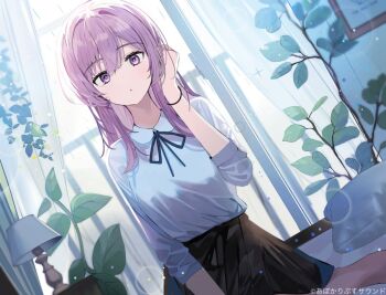 1girl aroa_(aroamoyasi) backlighting black_skirt collared_shirt copyright_notice hand_up indoors lamp long_hair looking_at_viewer original pillow plant purple_eyes purple_hair shirt skirt solo white_shirt window