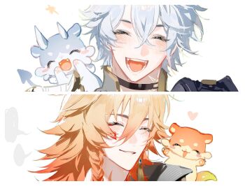 Rule 34 | absurdres, armlet, armor, black choker, black coat, black shirt, blonde hair, blush, braid, chimera (honkai: star rail), chinese commentary, choker, closed eyes, coat, commentary request, earrings, facial tattoo, gold earrings, gradient hair, highres, honkai: star rail, honkai (series), jewelry, medium hair, multicolored hair, mydei (fig stew) (honkai: star rail), mydei (honkai: star rail), neck tattoo, parted bangs, pauldrons, phainon (honkai: star rail), phainon (vigethos) (honkai: star rail), red hair, red tattoo, shirt, short hair, shoulder armor, side braid, single pauldron, suirandanshihao, sun symbol, sun tattoo, tan, tattoo, white hair