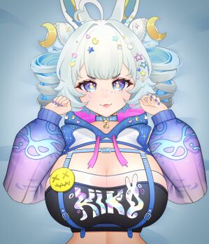 1girl :3 absurdres ahoge animal_ears belt blue_background blue_belt blue_choker blue_eyes blue_hair blue_nails blue_shrug breasts center-flap_bangs chest_belt choker cleavage closed_mouth commentary crescent crescent_hair_ornament double-parted_bangs double_bun drey525 drill_hair english_commentary facial_mark fingernails gradient_shrug hair_bun hair_intakes hair_ornament hands_up heart heart_ahoge heart_facial_mark heart_hair_ornament highres hood hood_down hooded_shrug indie_virtual_youtuber large_breasts long_sleeves looking_at_viewer lunnarbunnie_(vtuber) multicolored_shrug nail_polish purple_shrug rabbit_ears rabbit_girl rabbit_hair_ornament short_hair shrug_(clothing) simple_background smile solo star_(symbol) star_hair_ornament twin_drills upper_body virtual_youtuber yellow_pupils