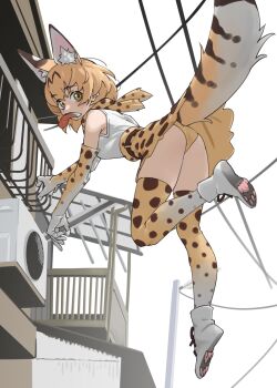 1girl against_railing animal_ear_fluff animal_print ass bare_shoulders belt blonde_hair breasts commentary_request condenser_unit elbow_gloves extra_ears food_in_mouth from_behind full_body gloves grey_background hair_between_eyes highres jumping kemono_friends large_breasts looking_at_viewer looking_back orange_eyes panties pantyshot paw_shoes print_gloves print_panties print_skirt print_thighhighs railing serval_(kemono_friends) shirt short_hair simple_background skirt sleeveless sleeveless_shirt solo tail tanabe_(fueisei) thighhighs thighs underwear white_shirt