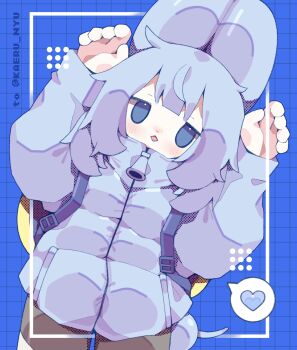 1girl absurdres animal_ears backpack bad_id bad_twitter_id bag blue_background blue_bag blue_eyes blue_hair blue_jacket blunt_bangs blush borrowed_character brown_pants commentary diamond_mouth down_jacket grid_background hands_up hashtag-only_commentary heart highres jacket leaning_to_the_side long_hair long_sleeves looking_at_viewer nikamoka no_sclera open_mouth original pants solo speech_bubble spoken_heart straight-on tail twitter_username zipper zipper_pull_tab