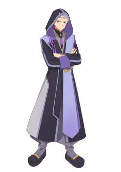 1boy black_robe black_shoes cho_kaguya-hime! closed_mouth crossed_arms full_body grey_hair highres hood hood_up horns japanese_clothes komazawa_rai long_sleeves looking_at_viewer male_focus official_art robe second-party_source shoes simple_background single_horn solo standing tachi-e white_background yellow_eyes