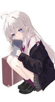 1girl absurdres ahoge black_cardigan black_shoes blue_eyes blush book bow braid cardigan chinese_commentary closed_mouth commentary elaina_(majo_no_tabitabi) full_body grey_hair grey_skirt hair_between_eyes hair_bow highres holding holding_book loafers long_hair long_sidelocks long_sleeves looking_at_viewer majo_no_tabitabi neckerchief off_shoulder open_cardigan open_clothes plaid_clothes plaid_skirt pleated_skirt puffy_long_sleeves puffy_sleeves purple_bow purple_neckerchief purple_socks sailor_collar school_uniform serafuku shirt shoes side_braid sidelocks simple_background single_braid skirt socks solo squatting suitcase very_long_hair white_background white_sailor_collar white_shirt zizhucan