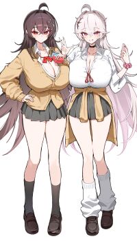 Rule 34 | 2girls, absurdres, ahoge, artist request, black skirt, black socks, blush, bow, bowtie, breast press, breasts, brown cardigan, brown hair, brown shoes, cardigan, cardigan around waist, cellphone, cleavage, clothes around waist, collarbone, collared shirt, commentary request, commission, dress shirt, drink carton, full body, grey hair, grin, hair intakes, hair ornament, highres, holding, holding drink carton, holding juice box, holding phone, huge breasts, juice box, korean commentary, long hair, looking at viewer, loose socks, mole, mole on breast, mole on thigh, multiple girls, original, phone, pink eyes, pleated skirt, rame tree (heuksaek), red bow, red bowtie, red eyes, red ribbon, ribbon, rime tree (heuksaek), scrunchie, second-party source, shirt, shoes, simple background, skirt, smartphone, smile, socks, standing, symmetrical docking, thighs, very long hair, w, white background, white shirt, white socks, wrist scrunchie
