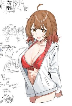 1girl :d ahoge bikini blush breasts brown_eyes brown_hair character_request cleavage commentary_request gakuen_idolmaster gradient_hair hanami_ume haruharu_sensei idolmaster jacket large_breasts long_sleeves looking_at_viewer multicolored_hair open_mouth red_bikini red_hair short_hair simple_background smile solo_focus swimsuit white_background white_jacket
