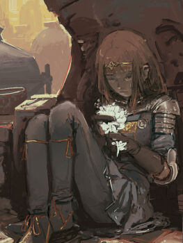 1girl armor black_gloves black_pants black_shoes blunt_bangs breasts brown_hair couter crossed_ankles fantasy flower full_body gloves gold_hairband hairband holding holding_flower knees_up looking_at_flowers medium_hair notfuji on_ground original outdoors painterly pants pauldrons shoes shoulder_armor sitting small_breasts solo tunic vat