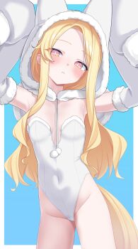 1girl animal_ears animal_hood arms_up blonde_hair blue_archive blue_background blush bow breasts closed_mouth covered_navel detached_sleeves fake_animal_ears forehead fur-trimmed_leotard fur-trimmed_sleeves fur_trim groin head_tilt highres hood hood_up leotard loli long_hair long_sleeves looking_at_viewer moonb3702 parted_bangs pink_eyes puffy_long_sleeves puffy_sleeves seia_(blue_archive) sleeves_past_fingers sleeves_past_wrists small_breasts solo strapless strapless_leotard very_long_hair white_bow white_leotard white_sleeves