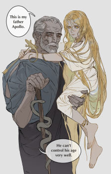 2boys absurdres age_difference ancient_greek_clothes anklet apollo_(mythology) arms_around_neck arrow_(projectile) asclepius_(mythology) barefoot beard black_robe blonde_hair blue_robe bracelet cane carrying child_carry closed_mouth english_text facial_hair father_and_son full_beard gold_bracelet greco-roman_clothes greek_mythology highres holding holding_arrow holding_cane jewelry long_hair looking_at_viewer male_focus multiple_boys old old_man receding_hairline robe rora_(auroradiation) short_hair simple_background snake speech_bubble very_long_hair white_background white_eyes white_hair white_robe yellow_eyes