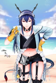 1girl absurdres arknights artist_name beach belt_around_waist black_boots black_shorts blue_hair boots breasts catling_gun ch&#039;en_(arknights) ch&#039;en_the_holungday_(arknights) ch&#039;en_the_holungday_(holiday)_(arknights) character_name cleavage collarbone commentary cowboy_shot cropped_jacket cuffs dragon_girl dragon_horns dragon_tail english_commentary frilled_overskirt gloves handcuffs highres holding holding_handcuffs horns leaning_forward long_hair looking_at_viewer navel ocean official_alternate_costume open_clothes red_eyes rubber_gloves shorts sidelocks smile solo stomach tail twintails visor_cap yellow_gloves