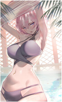 1girl blue_eyes blush breasts gridman_universe mujina navel_piercing open_mouth piercing pink_hair pool shazhiqiao short_hair ssss.dynazenon ssss.gridman swimsuit undressing wet