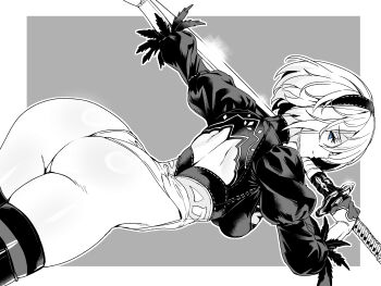 1girl 2b_(nier:automata) absurdres ass back_cutout blue_eyes border breasts clothing_cutout commentary_request dutch_angle feather-trimmed_sleeves gloves grey_background greyscale hairband highleg highleg_leotard highres holding holding_weapon juliet_sleeves katana large_breasts leotard long_sleeves looking_back monochrome nier:automata nier_(series) no_pants puffy_sleeves short_hair simple_background solo spot_color sword thick_thighs thighhighs thighs thong_leotard torisan virtuous_contract weapon white_border