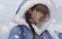 1girl alartriss artist_name avatar:_the_last_airbender avatar_legends black_choker black_hair blue_eyes braid choker closed_mouth commentary dark-skinned_female dark_skin english_commentary highres hood hood_up katara long_hair looking_at_viewer outdoors realistic sidelocks signature single_braid snowing solo