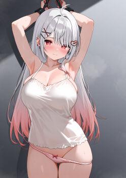 1girl absurdres ahoge armpits arms_up blush bound bound_arms breasts camisole cleavage closed_mouth collarbone curvy ear_piercing earrings grey_hair groin hair_ornament hairclip hanamiya_rica heart heart_hair_ornament highres indie_virtual_youtuber jewelry large_breasts long_hair looking_at_viewer mole mole_under_eye multicolored_hair otokucha panties panty_lift piercing pink_hair pink_panties red_eyes see-through_silhouette solo spiked_ear_piercing sweat tears thick_thighs thighs two-tone_hair underwear virtual_youtuber white_camisole