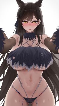Rule 34 | 1girl, absurdres, animal costume, animal ears, animal hands, atago (azur lane), atago (full moon's feral wolf) (azur lane), azur lane, bandeau, black bandeau, black hair, breasts, dog ears, extra ears, fur bikini, gloves, gluteal fold, handprint, highres, large breasts, looking at viewer, mole, mole under eye, official alternate costume, outstretched arms, paw gloves, rk (cc15915r), solo, sweat, swept bangs, werewolf costume, white background, wolf costume