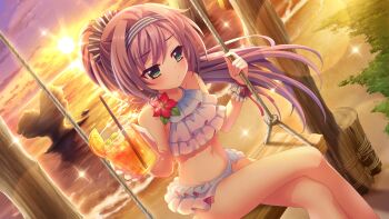 1girl alternate_hairstyle averting_eyes bare_legs beach bikini black_hairband black_scrunchie blush cloud crossed_legs cup dot_nose drink drinking_glass drinking_straw evening feet_out_of_frame film_grain flower food fruit game_cg gradient_sky green_eyes hair_ornament hair_scrunchie hairband halterneck hibiscus high_ponytail holding holding_cup holding_drink horizon ice ice_cube incoming_drink izumi_tsubasu lens_flare long_hair misaki_sango navel non-web_source ocean official_art on_swing orange_(fruit) orange_slice ponytail purple_hair purple_sky re:stage! red_flower ruffle_bikini scrunchie sitting sky solo sparkle striped_clothes striped_hairband striped_scrunchie sun swept_bangs swimsuit swing swing_set yellow_sky