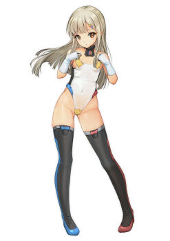 1girl absurdres alice_gear_aegis black_thighhighs breasts brown_eyes commentary_request contrapposto full_body grey_hair highleg highleg_leotard highres leotard looking_at_viewer rakuhana_meru simple_background small_breasts solo thighhighs white_background white_leotard yashin_(yasinz)