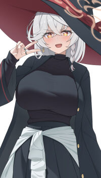 1girl black_jacket black_shirt black_skirt blue_archive blush braid breasts clothes_around_waist commentary_request earrings eri_(blue_archive) hair_between_eyes hat hat_ribbon highres huge_breasts jacket jewelry long_hair long_sleeves looking_at_viewer multiple_rings mzrz open_mouth orange_eyes red_ribbon red_trim ribbon ring shirt shirt_around_waist simple_background skirt smile white_background white_hair wide_sleeves witch witch_hat