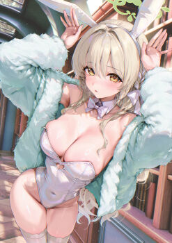 1girl alternate_costume animal_ears arms_up blonde_hair blue_archive blush book bookshelf bow bowtie braid breasts cleavage clothing_cutout commentary_request cowboy_shot detached_collar fake_animal_ears fur_jacket hair_between_eyes hair_bow hair_intakes hair_ribbon heart_cutout highleg highleg_leotard highres indoors jacket large_breasts leaning_to_the_side leotard library long_hair long_sleeves looking_at_viewer miyo_(blue_archive) open_clothes open_jacket open_mouth playboy_bunny rabbit_ears rabbit_pose ribbon ribbon_braid sakurano_tsukasa solo strapless strapless_leotard thighs too_many too_many_books white_bow white_bowtie white_jacket white_leotard yellow_eyes