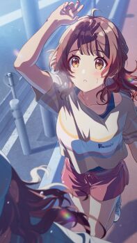 ahoge arm_up brown_eyes brown_hair english_text gakuen_idolmaster game_cg hanami_saki hanami_ume idolmaster multicolored_hair official_art red_hair short_shorts shorts sweat