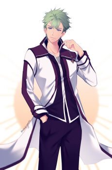 1boy artist_name blue_eyes blurry blurry_background closed_mouth coat commentary double-parted_bangs earrings eiyuu_densetsu english_commentary green_hair hand_in_pocket highres jewelry kai_no_kiseki kevin_graham kuro_no_kiseki_(series) long_sleeves looking_at_viewer male_focus maskyarts short_hair simple_background smile solo spiked_hair