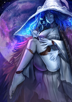 1girl ass black_panties blue_eyes blue_hair blue_skin breasts clothes_lift clothes_pull coat coat_on_shoulders colored_skin cracked_skin doll doll_girl doll_joints dress elden_ring extra_arms extra_faces female_focus hand_on_thigh hat highres joints large_breasts legs_up lingerie moon night panties ranni_the_witch revealing_clothes rope shirt skirt skirt_lift skirt_pull sky solo strapless strapless_shirt thick_thighs thighs toes underwear white_dress white_shirt window witch witch_hat