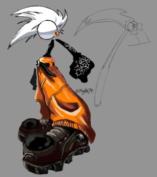 1boy black_shoes commentary earrings english_commentary faceless fancy_pants_adventure fancy_pants_man foreshortening full_body grey_background jewelry long_hair male_focus myllo24 orange_pants pants scythe shoes simple_background tattoo twitter_username