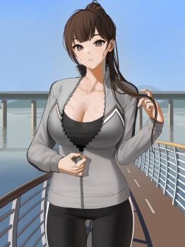 1girl black_pants black_shirt blue_sky blunt_bangs breasts bridge brown_eyes brown_hair cleavage collarbone cowboy_shot day exercising grey_jacket hand_up high_ponytail highres jacket large_breasts long_hair looking_at_viewer mole mole_on_breast myabit original outdoors pants parted_lips partially_unzipped ponytail railing shirt sky solo sports_bra sweat track_jacket water yoga_pants zipper zipper_pull_tab