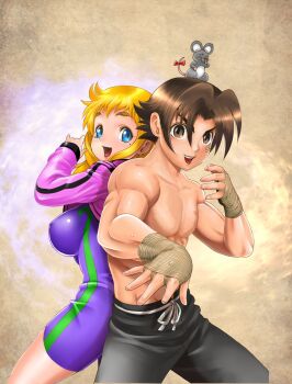 1boy 1girl animal animal_on_head black_pants blonde_hair blue_eyes blush bodysuit breasts brown_eyes brown_hair commentary_request covered_erect_nipples cowboy_shot fighting_stance fuurinji_miu highres jacket large_breasts long_hair looking_at_viewer looking_back matsuena_shun mole mole_under_eye mouse_(animal) official_art on_head open_clothes open_jacket open_mouth pants pink_jacket purple_bodysuit shijou_saikyou_no_deshi_ken'ichi shirahama_ken'ichi short_hair simple_background smile sweat taut_bodysuit thighs topless_male unitard v-shaped_eyebrows