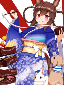 Rule 34 | 1girl, animal ears, blue kimono, bowl, braid, braided hair rings, breasts, brown hair, chopsticks, commentary request, commission, cowboy shot, floral print, food, gumakara, hair rings, hishi akebono (umamusume), holding, holding bowl, holding chopsticks, horse ears, horse girl, horse tail, japanese clothes, kimono, large breasts, misskey.io username, obi, pink eyes, rabbit, sash, shrimp, skeb commission, solo, tail, tongue, tongue out, umamusume, wide sleeves