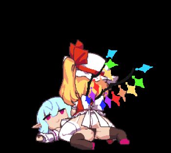 animated animated_gif ascot black_panties black_thighhighs blonde_hair blue_hair character_doll clothed_masturbation crotch_rub crystal crystal_wings doll dry_humping female_masturbation flandre_scarlet frilled_skirt frills from_behind full_body garter_straps girl_on_top hat hat_ribbon humping looping_animation lowres masturbation masturbation_through_clothes medium_hair mob_cap namako_daibakuhatsu one_side_up panties pixel_art puffy_short_sleeves puffy_sleeves red_eyes red_ribbon red_skirt red_vest remilia_scarlet ribbon shoes short_sleeves simple_background skirt skirt_set smile spread_legs thighhighs through_clothes touhou transparent_background underwear vest white_panties white_thighhighs wings