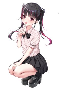 1girl :d barbell_piercing black_bow black_bowtie black_hair black_nails black_shoes black_skirt blunt_bangs blush boots bow bowtie cheek_piercing collared_shirt commentary_request dress_shirt ear_piercing earrings face_piercing fang frilled_sleeves frills full_body grey_background hand_up index_finger_raised industrial_piercing jewelry jirai_kei long_hair looking_at_viewer miniskirt multicolored_hair nail_polish ncontrail_(mgax7527) open_mouth original partial_commentary piercing platform_boots pleated_skirt red_eyes red_hair shirt shoes short_sleeves simple_background skin_fang skirt smile solo squatting streaked_hair symbol-shaped_pupils twintails two-tone_hair x-shaped_pupils