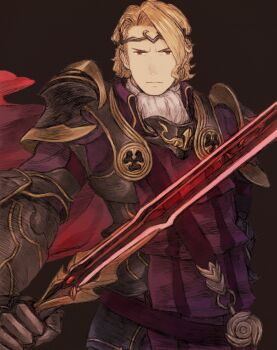 1boy armor blonde_hair closed_mouth collared_shirt fire_emblem fire_emblem_fates highres holding holding_sword holding_weapon looking_at_viewer maeka_(kumaekake) medium_hair nintendo parted_bangs red_eyes shirt shoulder_armor solo sword tiara upper_body weapon xander_(fire_emblem)