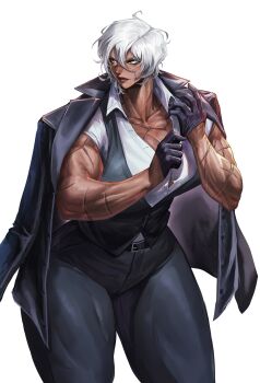 1girl absurdres adjusting_clothes adjusting_gloves bare_arms belt black_belt black_gloves black_jacket black_pants black_suit black_vest borrowed_character breasts button_gap cleavage closed_mouth collarbone collared_shirt commentary commission cowboy_shot dark-skinned_female dark_skin dress_shirt english_commentary facial_scar formal_clothes gloves hair_between_eyes highres jacket jacket_on_shoulders large_breasts muscular muscular_female original pants partially_unbuttoned scar scar_on_arm scar_on_cheek scar_on_chest scar_on_face scar_on_hand scar_on_neck scar_on_nose selene_williams_(titanstrider) shirt short_hair short_sleeves simple_background solo suit thick_thighs thighs tight_clothes tight_pants v-shaped_eyebrows vest virgoart waistcoat white_background white_hair white_shirt wide_hips yellow_eyes