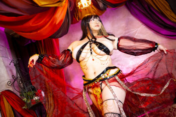 1girl asian belly belly_dancer black_hair breasts chouzuki_maryou cleavage highres large_breasts lipstick makeup photo_(medium) plump solo thick_thighs thighs underboob