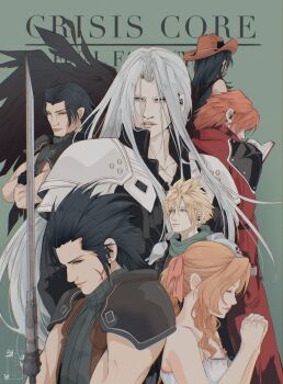 2girls 5boys absurdres aerith_gainsborough angeal_hewley aqua_eyes armor beard black_coat black_gloves black_hair black_wings blonde_hair blue_shirt braid braided_ponytail brown_hair closed_eyes cloud_strife coat copyright_name cowboy_hat crisis_core:_final_fantasy_vii cross_scar crossed_arms dress facial_hair facial_scar feathered_wings final_fantasy final_fantasy_vii genesis_rhapsodos gloves green_scarf grey_hair hair_ribbon hair_slicked_back hat highres holding holding_sword holding_weapon long_coat long_hair multiple_boys multiple_girls own_hands_clasped own_hands_together parted_bangs pauldrons pink_ribbon red_coat ribbon scar scar_on_cheek scar_on_face scarf sephiroth shanlieart shinra_infantry_uniform shirt short_hair shoulder_armor sideburns sidelocks single_wing sleeveless sleeveless_dress sleeveless_turtleneck suspenders sword tifa_lockhart turtleneck upper_body weapon wings zack_fair