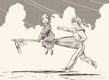 2girls bandaid bandaid_on_cheek bandaid_on_face black_dress bottle braid breasts broom broom_riding commentary dress exercising greyscale hand_wraps hatching_(texture) high_ponytail highres hood hoodie jogging lee_(dragon_garou) linear_hatching long_dress medium_breasts monochrome multiple_girls open_mouth original pants ponytail shadow_boxing shoes smile sneakers track_pants twin_braids water_bottle