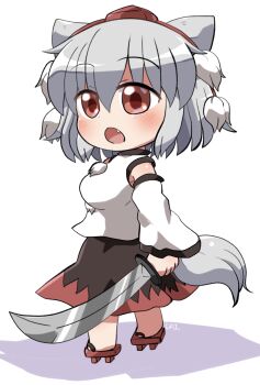 1girl :o animal_ears bare_shoulders black_skirt blush chibi chibi_only commentary_request detached_sleeves fang full_body geta grey_hair hair_between_eyes hat highres holding holding_sword holding_weapon inubashiri_momiji long_sleeves open_mouth red_eyes red_hat red_sandals red_skirt rokugou_daisuke sandals shirt short_hair signature simple_background skirt sleeveless sleeveless_shirt solo standing sword tail tokin_hat touhou two-tone_skirt weapon white_background white_shirt wide_sleeves wolf_ears wolf_girl wolf_tail