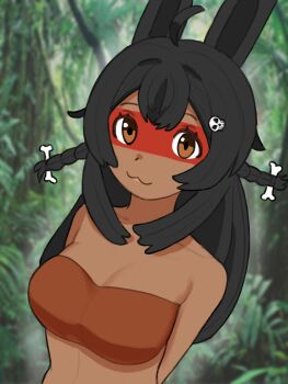1girl :3 alternate_skin_color animal_ears arms_behind_back aztec bandeau black_hair blurry blurry_background bone_hair_ornament breasts brown_eyes dark-skinned_female dark_skin depth_of_field facepaint hair_ornament highres kuruminha long_hair looking_at_viewer medium_breasts novgorod_(vikingdoggy) phase_connect photo_background pipkin_pippa rabbit_ears skull_hair_ornament smile solo upper_body virtual_youtuber