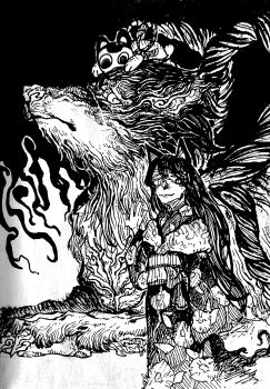 Rule 34 | 1girl, absurdres, animal, animal ears, banken (inui toko), closed mouth, commentary request, dog ears, feet out of frame, greyscale, hand up, hatching (texture), highres, inui toko, inui toko (kimono), japanese clothes, kimono, linear hatching, long hair, long sleeves, looking at viewer, monochrome, nijisanji, oversized animal, shou-star, smile, split mouth, traditional media, very long hair, virtual youtuber, wolf