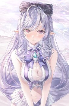 1girl bare_shoulders beach blue_gemstone blush bow bowtie breasts closed_mouth clothing_cutout commentary drill_hair drill_sidelocks frilled_one-piece_swimsuit frills gem heart_cutout highres looking_at_viewer mizuasagi35181 mole mole_under_eye ocean official_alternate_costume one-piece_swimsuit pointy_ears purple_bow purple_bowtie purple_hair red_eyes see-through_clothes sidelocks solo swimsuit two-tone_one-piece_swimsuit vivian_banshee vivian_banshee_(iris_of_the_shore) white_background zenless_zone_zero