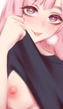 Rule 34 | 1girl, black shirt, blush, breasts, character request, closed mouth, clothes lift, copyright request, earrings, highres, jewelry, large breasts, lifting own clothes, long hair, looking at viewer, nipples, one breast out, pink hair, pom pom (clothes), pom pom earrings, purple eyes, shirt, shirt lift, shpo, simple background, smile, solo, star (symbol), star in eye, symbol in eye, tongue, tongue out, upturned eyes, white background