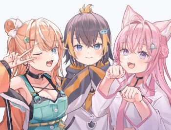 3girls ;d animal_ear_fluff animal_ears antenna_hair black_hair black_hoodie blonde_hair blue_eyes bow braid breasts choker closed_mouth creator_connection crossed_bangs dress earrings fang fish_hair_ornament folded_ponytail hair_between_eyes hair_bow hair_bun hair_ornament hairclip hakui_koyori hakui_koyori_(1st_costume) hexagon_hair_ornament highres hololive hood hoodie igarashi_rika igarashi_rika_(1st_costume) jacket jewelry long_hair long_sleeves looking_at_viewer mole mole_on_breast multicolored_hair multiple_girls neckerchief necktie nijisanji nijisanji_en one_eye_closed open_clothes open_jacket open_mouth orange_hair paw_pose penta_(pepepen_28) petra_gurin petra_gurin_(1st_costume) pink_hair pink_necktie purple_eyes shirt short_hair simple_background single_earring single_side_bun skin_fang sleeves_past_fingers sleeves_past_wrists smile star_(symbol) star_hair_ornament streaked_hair two-tone_hair v virtual_youtuber white_background white_bow white_hair white_hoodie white_shirt wolf_ears wolf_girl yellow_neckerchief