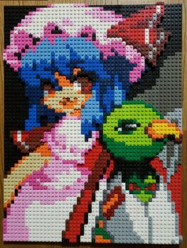 Rule 34 | 1girl, ascot, back-to-back, beak, black background, black eyes, blue hair, crossover, gen 2 pokemon, hat, hat ribbon, lego, lego (medium), looking at viewer, medium hair, mob cap, nintendo, photo (medium), pink headwear, pink shirt, pink skirt, pixel art, pokemon, pokemon (creature), red ascot, red eyes, red ribbon, remilia scarlet, ribbon, shirt, short sleeves, skirt, standing, touhou, unconventional media, xatu, you rei (blowback)