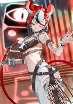1girl :p ;p absurdres animal_ear_piercing animal_ears arm_strap asymmetrical_clothes black_hair black_shirt black_streaks bracelet breasts cleavage cleavage_cutout clothing_cutout colored_inner_hair commentary_request cropped_shirt earrings extra_ears fade_(haircut) fingerless_gloves fishnet_gloves fishnet_thighhighs fishnets gloves glowing glowing_eyes hair_ornament hairclip hakos_baelz hakos_baelz_(monochrome_dancer) highres hololive hololive_english jewelry looking_at_viewer medium_breasts medium_hair mouse_ears mouse_girl mouse_tail multicolored_hair navel one_eye_closed red_hair shirt single_glove single_pantsleg single_thighhigh sleeveless sleeveless_shirt spiked_bracelet spikes stomach streaked_hair tail thighhighs tongue tongue_out virtual_youtuber x_hair_ornament yuutarou_(fukiiincho)